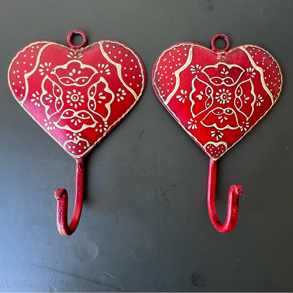 2 Folk Art Style Hand Painted Heart Hooks